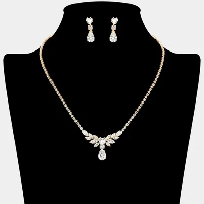 Fashnzfab Teardrop Cz Stone Cluster Accent Marquise Stone Rhinestone Paved Necklace - Clear, Gold