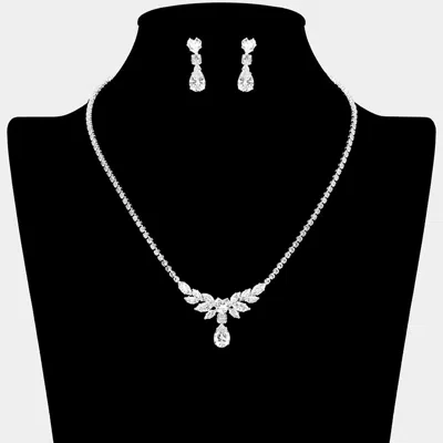 Fashnzfab Teardrop Cz Stone Cluster Accent Marquise Stone Rhinestone Paved Necklace - Clear, Silver In Metallic