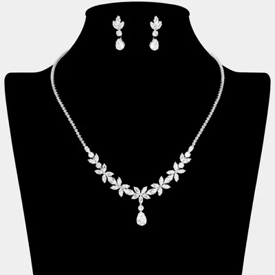 Fashnzfab Teardrop Cz Stone Cluster Drop Floral Necklace In Silver