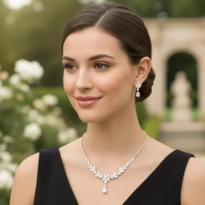 Fashnzfab Teardrop Cz Stone Cluster Drop Floral Rhinestone Paved Necklace - Clear, Gold In Multi