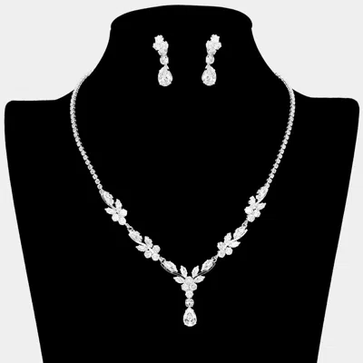 Fashnzfab Teardrop Cz Stone Cluster Drop Floral Rhinestone Paved Necklace In Metallic