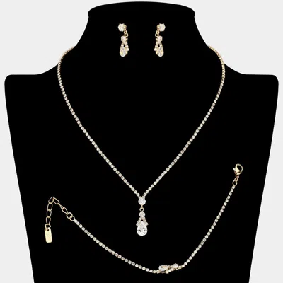 Fashnzfab Teardrop Cz Stone Pendant Accent Rhinestone Paved Jewelry Set In Gold