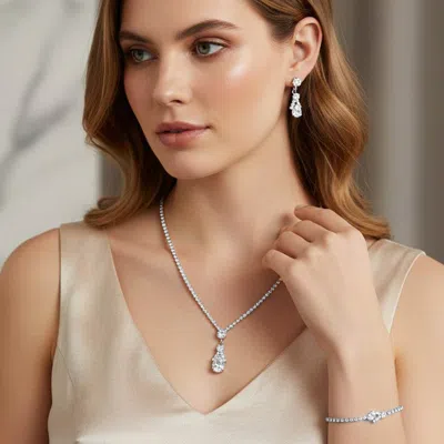 Fashnzfab Teardrop Cz Stone Pendant Accent Rhinestone Paved Jewelry Set In White