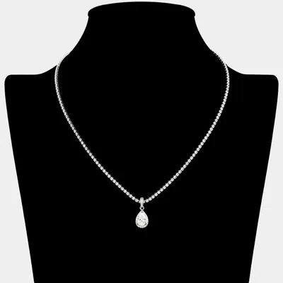 Fashnzfab Teardrop Cz Stone Pendant Rhinestone Paved Necklace In Black