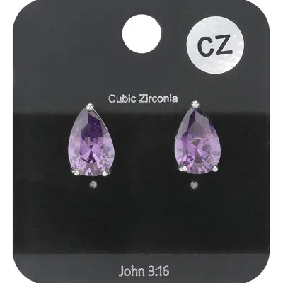 Fashnzfab Teardrop Cz Stone Stud Earrings - Rhodium, Violet In Purple