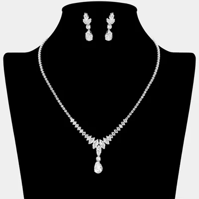 Fashnzfab Teardrop Drop Marquise Cz Stone Cluster Link Rhinestone Paved Necklace In Silver