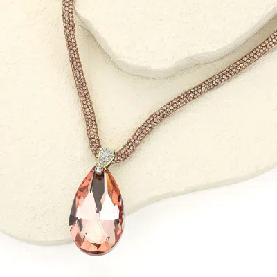 Fashnzfab Teardrop Faceted Stone Pendant Bling Studded Necklace In Pink
