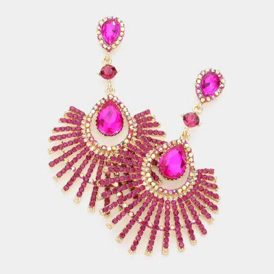 Fashnzfab Teardrop Fan Crystal Rhinestone Evening Earrings - Fuchsia In Pink