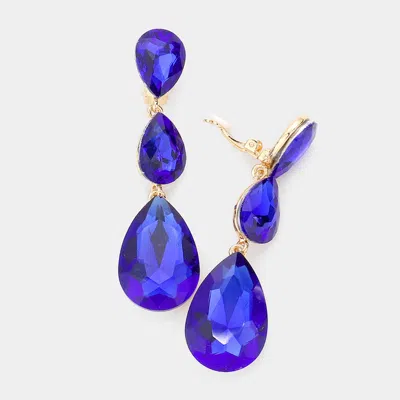 Fashnzfab Teardrop Glass Crystal Drop Evening Clip On Earrings In Blue