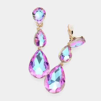 Fashnzfab Teardrop Glass Crystal Drop Evening Clip On Earrings In Purple