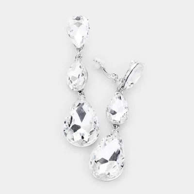 Fashnzfab Teardrop Glass Crystal Drop Evening Clip On Earrings In Silver