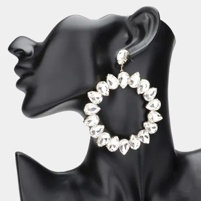 Fashnzfab Teardrop Glass Crystal Open Circle Evening Earrings - Clear, Gold In Silver