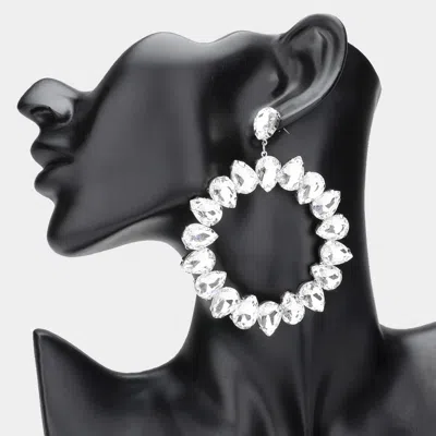 Fashnzfab Teardrop Glass Crystal Open Circle Evening Earrings - Clear, Rhodium In Silver