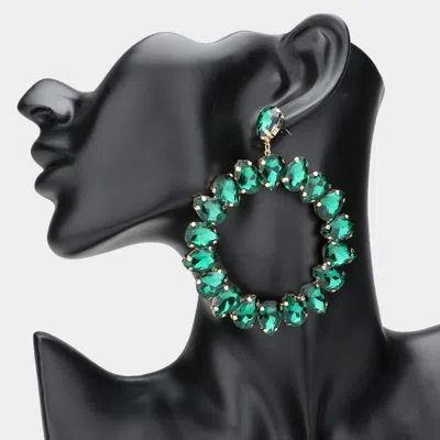 Fashnzfab Teardrop Glass Crystal Open Circle Evening Earrings - Emerald, Gold In Green