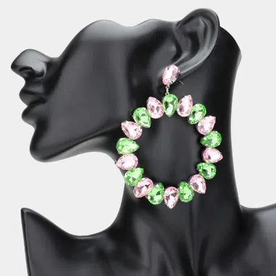 Fashnzfab Teardrop Glass Crystal Open Circle Evening Earrings - Pink & Green, Rhodium