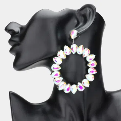 Fashnzfab Teardrop Glass Crystal Open Circle Evening Earrings - Ab, Rhodium In Black