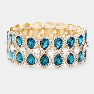 Fashnzfab Teardrop Glass Crystal Pave Stretch Evening Bracelet Blue Zircon, Gold