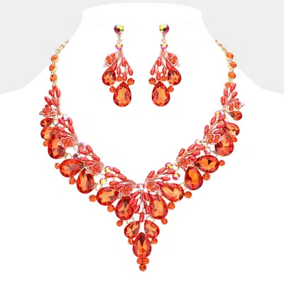 Fashnzfab Teardrop Glass Crystal Pearl Vine Evening Necklace In Orange