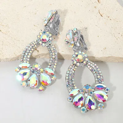 Fashnzfab Teardrop Glass Stone Accent Rhinestone Embellished Open Oval Dangle Evening Clip On Earrings In Multi