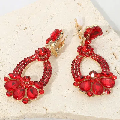 Fashnzfab Teardrop Glass Stone Accent Rhinestone Embellished Open Oval Dangle Evening Clip On Earrings In Red