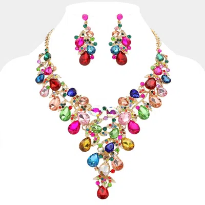 Fashnzfab Teardrop Glass Stone Cluster Embellished Evening Bib Necklace In Multi
