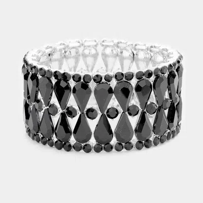 Fashnzfab Teardrop Glass Stone Cluster Evening Stretch Bracelet Jet Black, Silver In Multi