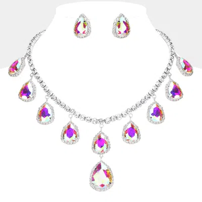 Fashnzfab Teardrop Glass Stone Cluster Station Evening Necklace In Multi