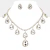 Fashnzfab Teardrop Glass Stone Cluster Station Evening Necklace In Silver
