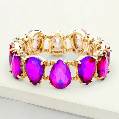 Fashnzfab Teardrop Glass Stone Cluster Stretch Evening Bracelet Ab, Fuchsia In Purple
