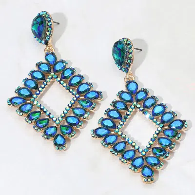 Fashnzfab Teardrop Glass Stone Cluster Trip Open Rhombus Dangle Evening Earrings - Ab, Blue, Gold