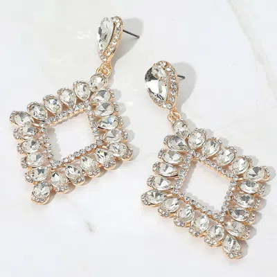 Fashnzfab Teardrop Glass Stone Cluster Trip Open Rhombus Dangle Evening Earrings - Clear, Gold