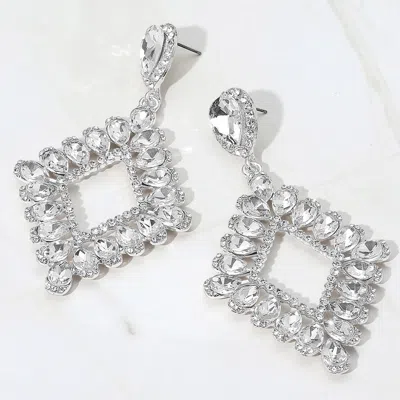 Fashnzfab Teardrop Glass Stone Cluster Trip Open Rhombus Dangle Evening Earrings - Clear, Silver In Metallic