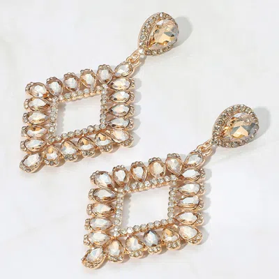 Fashnzfab Teardrop Glass Stone Cluster Trip Open Rhombus Dangle Evening Earrings - Gold, Lt Col Topaz