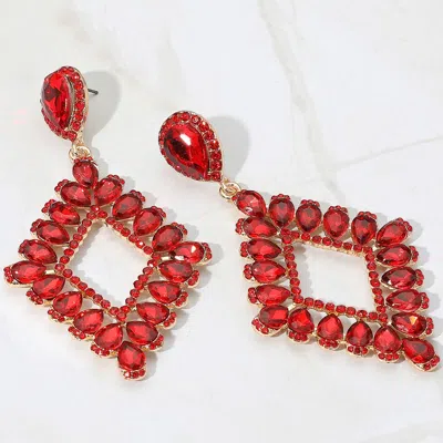 Fashnzfab Teardrop Glass Stone Cluster Trip Open Rhombus Dangle Evening Earrings - Gold, Red