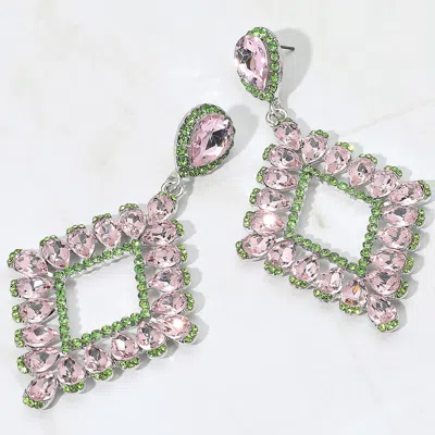 Fashnzfab Teardrop Glass Stone Cluster Trip Open Rhombus Dangle Evening Earrings - Pink & Green, Silver