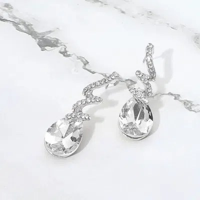 Fashnzfab Teardrop Glass Stone Drop Stone Paved Swirl Evening Earrings In Silver