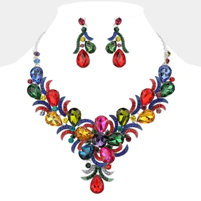 Fashnzfab Teardrop Glass Stone Flower Pointed Evening Necklace 20" + 3" L In Red