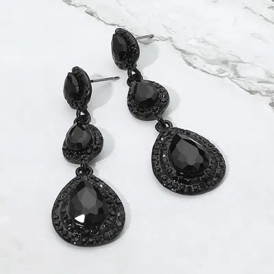 Fashnzfab Teardrop Glass Stone Link Drop Dangle Evening Earrings - Jet Black