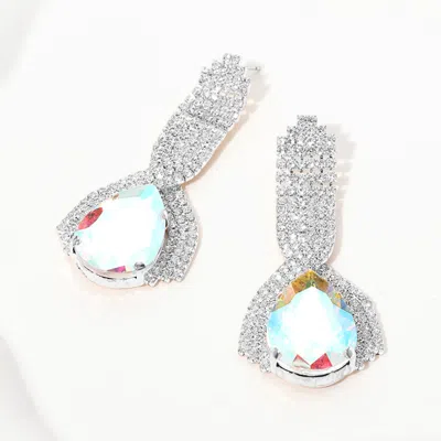 Fashnzfab Teardrop Glass Stone Pointed Rhinestone Paved Evening Earrings - Ab, Rhodium In Metallic
