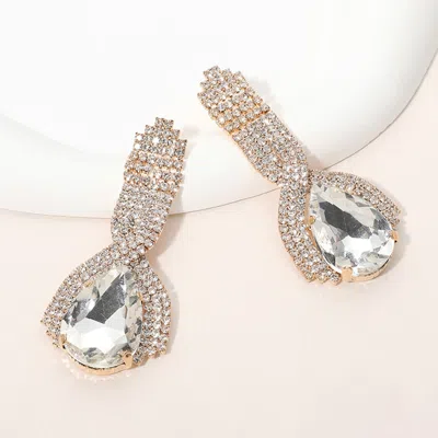 Fashnzfab Teardrop Glass Stone Pointed Rhinestone Paved Evening Earrings - Clear, Gold