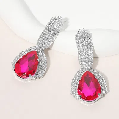 Fashnzfab Teardrop Glass Stone Pointed Rhinestone Paved Evening Earrings - Fuchsia In Silver