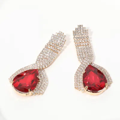 Fashnzfab Teardrop Glass Stone Pointed Rhinestone Paved Evening Earrings - Red
