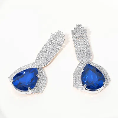 Fashnzfab Teardrop Glass Stone Pointed Rhinestone Paved Evening Earrings - Royal Blue