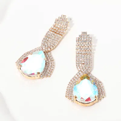 Fashnzfab Teardrop Glass Stone Pointed Rhinestone Paved Evening Earrings - Ab, Gold In Blue