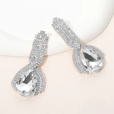 Fashnzfab Teardrop Glass Stone Pointed Rhinestone Paved Evening Earrings - Clear, Rhodium In Silver