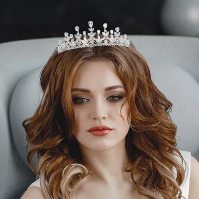 Fashnzfab Teardrop Marquise Cz Cluster Embellished Princess Tiara In Silver
