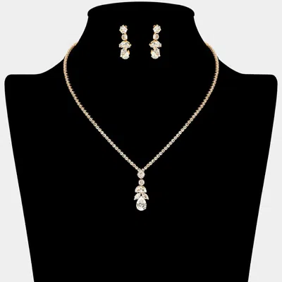 Fashnzfab Teardrop Marquise Cz Stone Cluster Accent Rhinestone Paved Necklace - Clear, Gold