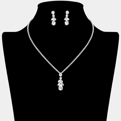 Fashnzfab Teardrop Marquise Cz Stone Cluster Accent Rhinestone Paved Necklace - Clear, Silver In Metallic