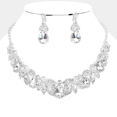 Fashnzfab Teardrop Marquise Leaf Glass Stone Evening Necklace In Silver