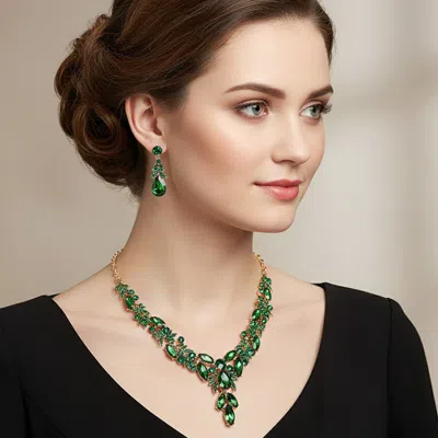 Fashnzfab Teardrop Marquise Rhinestone Cluster Embellished Cascading Necklace - Emerald, Gold In Multi